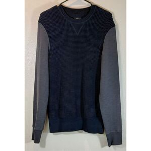 AllSaints Mather Crewneck Deep Blue 100% Leather Elbow Patch Sweater Men's M